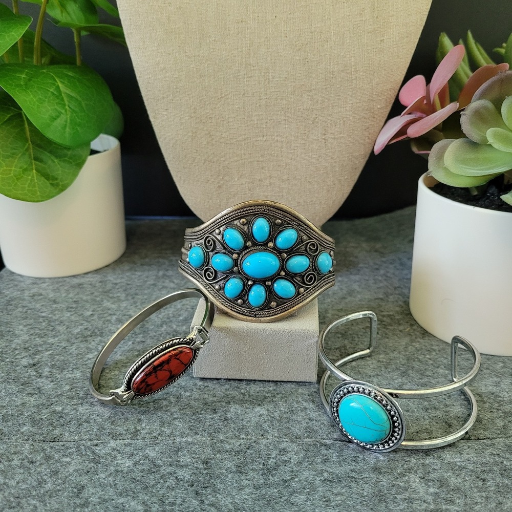 Lot 3 Southwestern Cuff Bracelets Blue Red Cabochon Boho Western